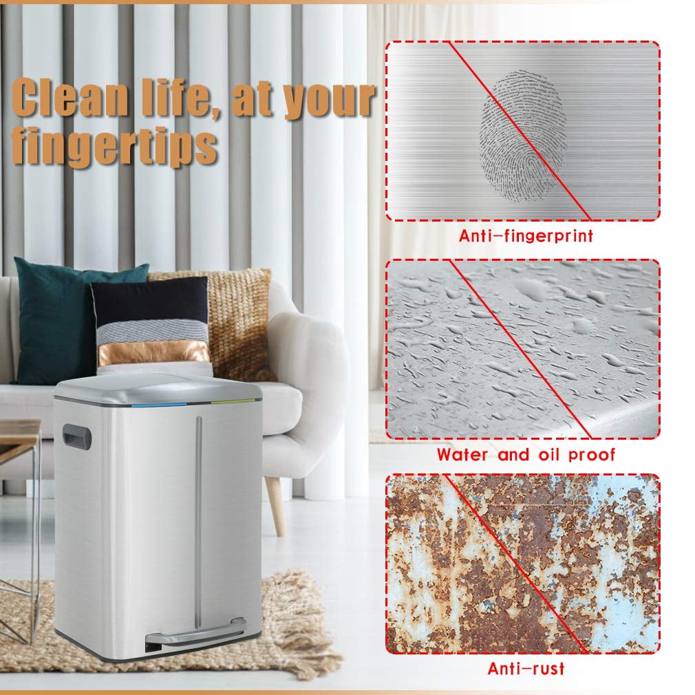 BestOffice Stainless Steel Trash Can 10 Gallon/ 40L， Bathroom Step Trash Bin Fingerprint-Proof