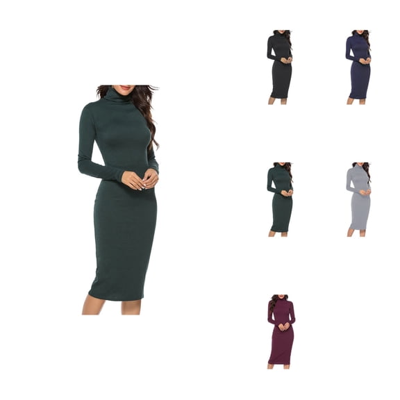 Women's Turtleneck Ribbed Knit Long Sleeve Slim Fit Sweater Dress – Bodycon Midi Winter Pullover Dress
