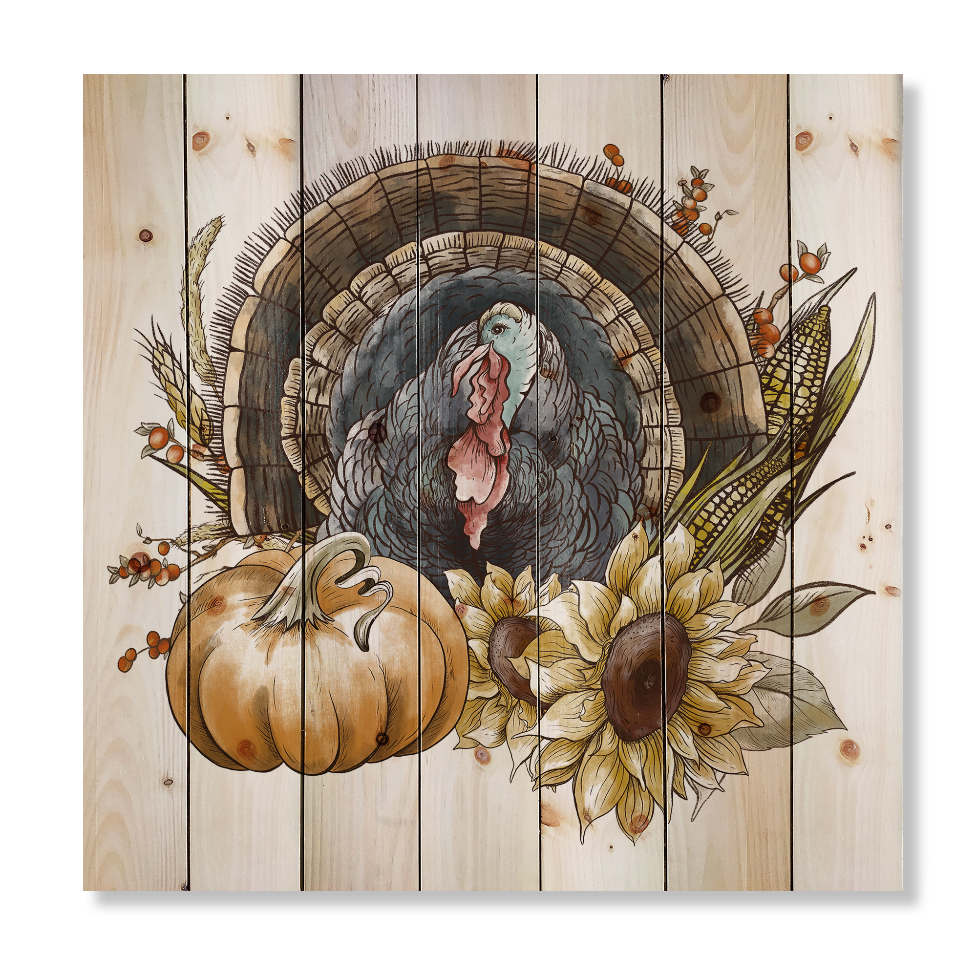 Designart 'Thanksgiving Vintage Turkey Pumpkin and Sunflowers ' Farmhouse Print on Natural Pine Wood