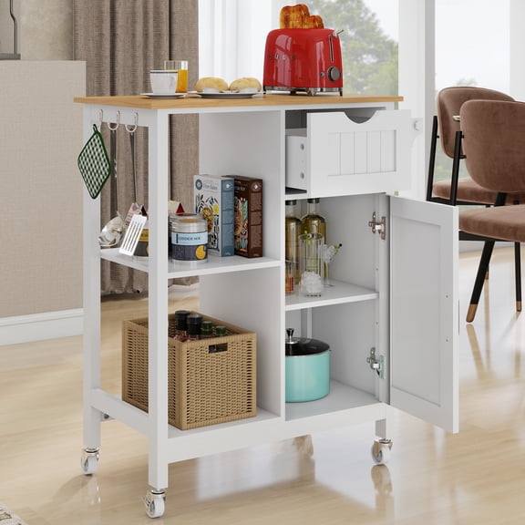 Rolling Kitchen Island Cart with Storage Cabinet and Spice Rack, Mobile Kitchen Table and Serving Cart with Drawer and Towel Rack, White