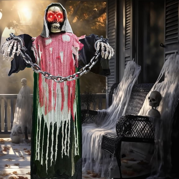 6FT Large Animated Grim Reaper Halloween Decoration, Big Chain, Sound & Touch Activated Animatronic for Yard, Garden, Lawn, Haunted House, and Indoor Outdoor Party