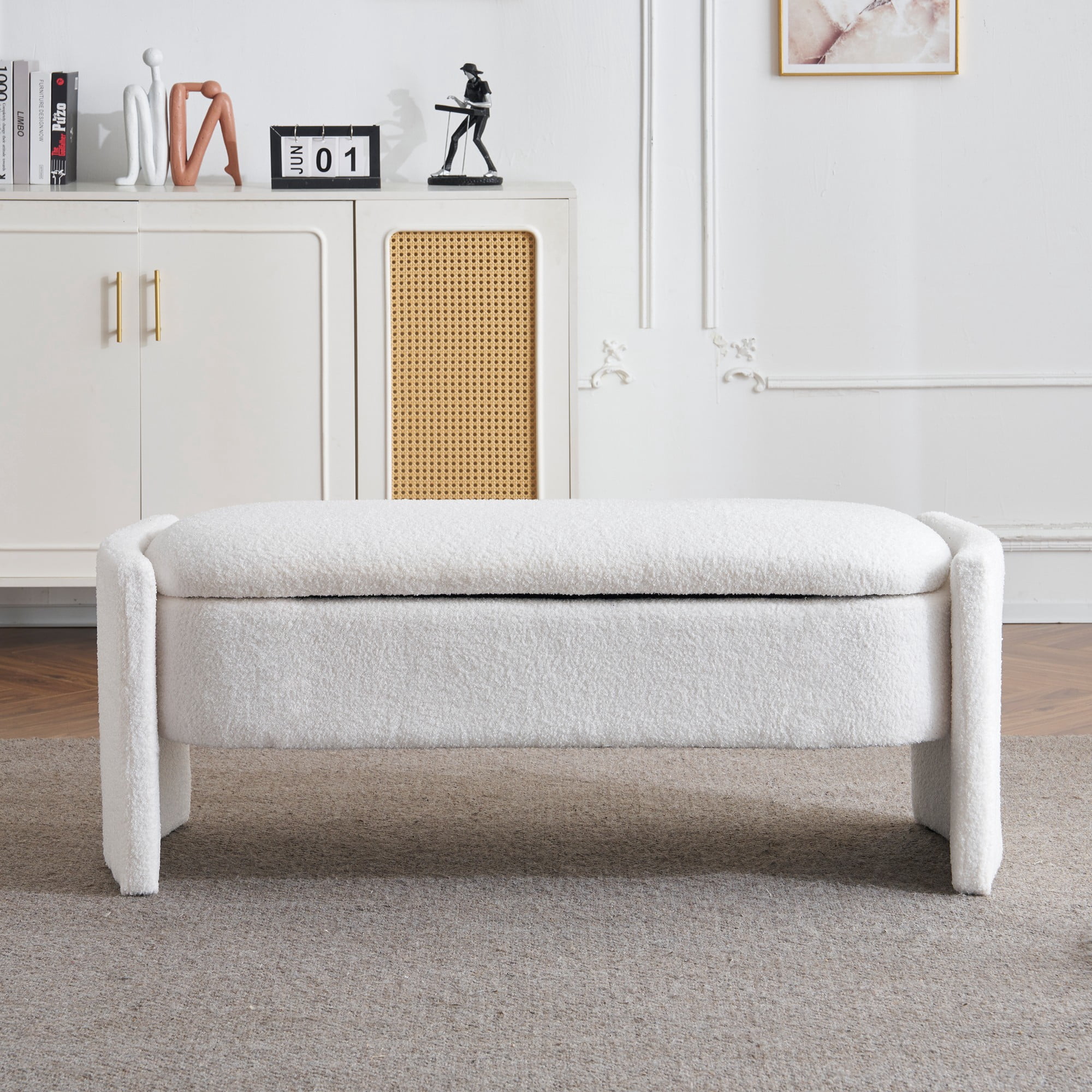 Aukfa 47.24" Oval Upholstered Storage Ottoman Bench, Boucle Fabric, Accent Bench for Living Room, Bedroom, or Entryway