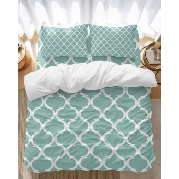 Turquoise Morocco Bedding Duvet Cover Set Twin Size 4 Pieces Trellis Cyan Geometric Abstract Bedding Set with Zipper Closure, 1 Comforter Cover 68x86 Inches 1 Flat Sheet & 2 Pillow Cases