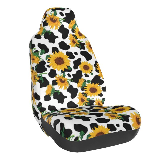 Wukai Cute Cow Print Sunflower A Full Set Car Seat Covers with Soft Padding Universal Auto Front Seats Protector and Cushion Mat