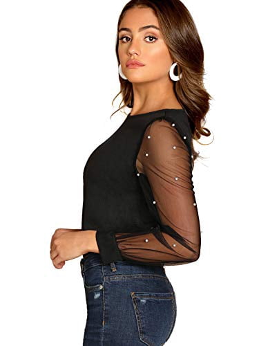 Long Sleeve Dressy Tops Blouse Black 