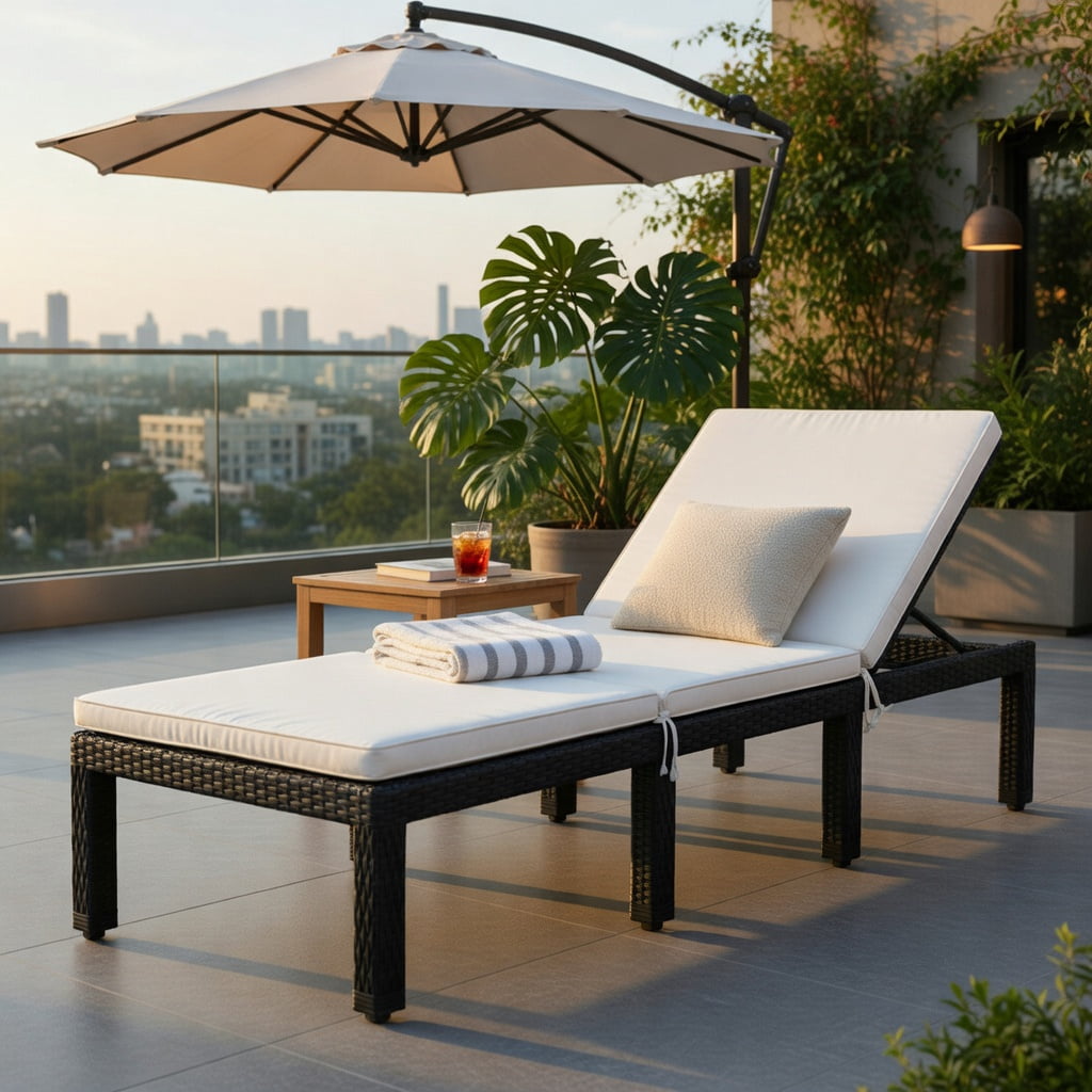 Hommoo Adjustable Height Outdoor Rattan Chaise Lounge Chair with Thick Cushion, PE Wicker Patio Lounger for Poolside, Garden, Porch, White