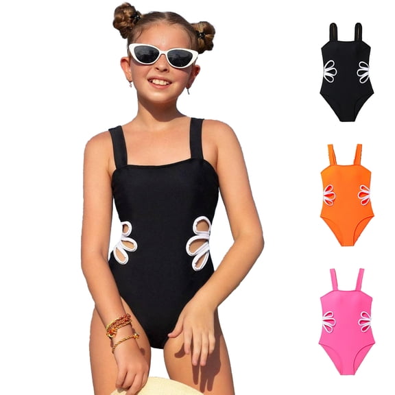 Hpapadks Girls Swimsuit Girl Solid Adjustable Straps Cut Out One Piece Swimsuits Girls Bathing Suit Black 9-10Y