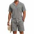 thumbnail image 3 of Bovxnpu Men 2 Piece Linen Set Beach Outfits Cotton Linen Men Short Sleeve Button Collar Shirt Beach Shorts Set, 3 of 7