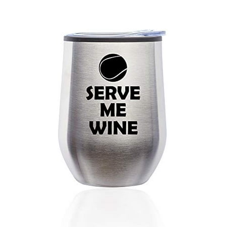 

Stemless Wine Tumbler Coffee Travel Mug Glass with Lid Tennis Serve Me Wine (Silver)