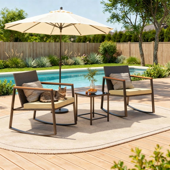 3-Piece Wicker Patio Rocking Chair Set with Glass Coffee Table, All-Weather Outdoor Bistro Furniture Set with Anti-Scald Armrests & Washable Cushions, Beige