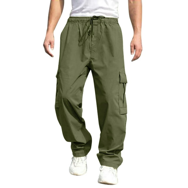xiaxaixu Men's Loose Cargo Long Pants, Solid Color Drawstring Waist Straight Leg Trousers Casual Work Pants with Pockets