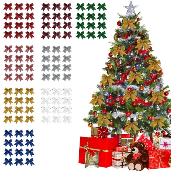 Christmas Bow Ornaments Set | Mini 9cm Hanging Decorations for Tree, Gift Wrap, Wreaths, Fireplace, DIY Crafts | Festive Holiday Décor | 12 Piece Pack