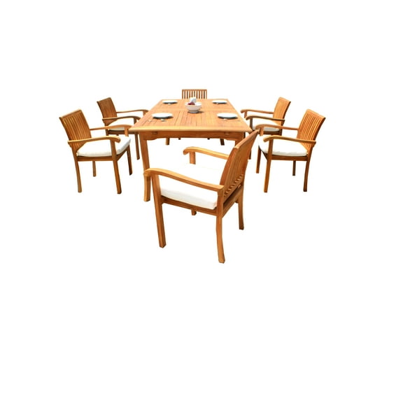 7 PC A Grade Outdoor Patio Teak Dining Set - 94" Double Extension Rectangle Table & 6 Naples Stacking Arm Chairs