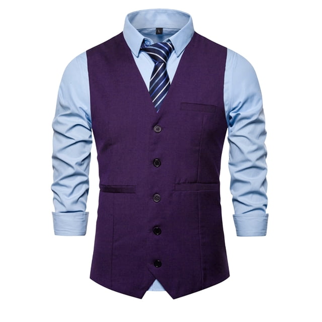 Chaqueta de Traje de Ocio de Bolsillo sin Cuello en V de Color Sólido sin Mangas, Trajes de Hombre de Ajuste Delgado para el Uso Formal Informal