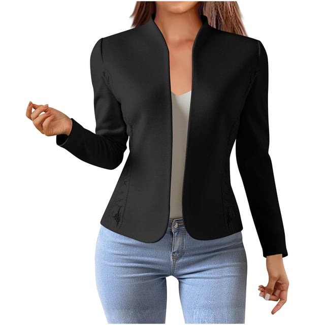 Mgmyaa Women's Cropped Blazer Long Sleeve Solid Color Casual Lace Trim Suit Jacket Office Wear Tops