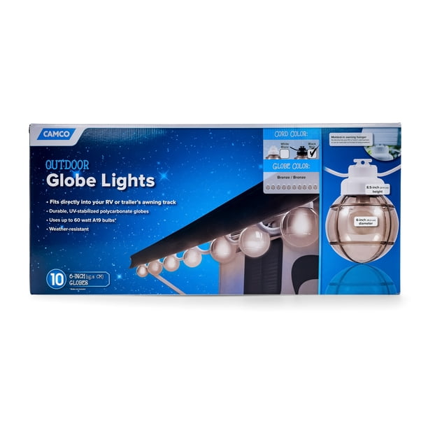 Camco Decorative RV Awning Globe Lights 10 Bronze Globes on Black