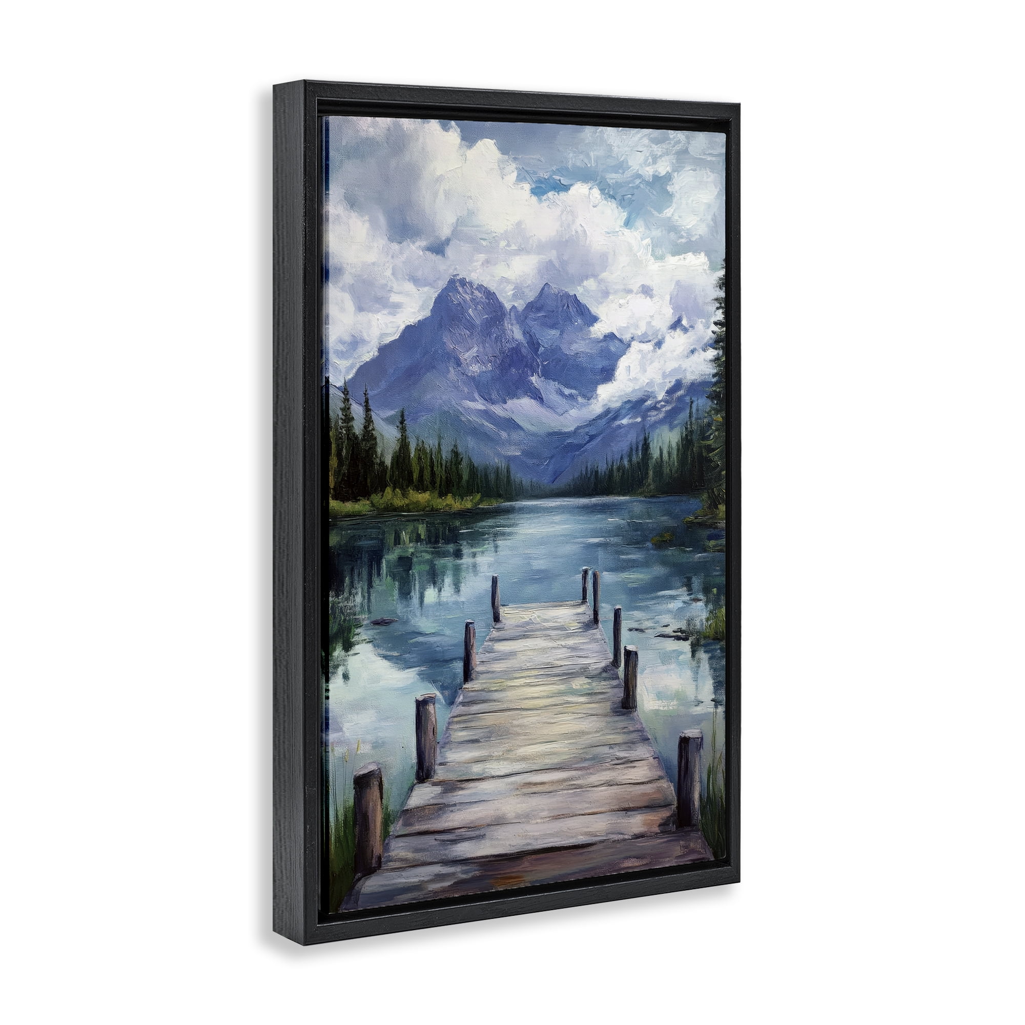 Stupell Industries Weathered Dock on Mountain Lake Black Framed Floater Canvas Wall Art, design by Petal Prints Design