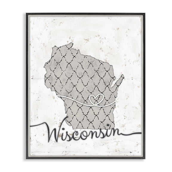 Stupell Industries Shabby Chic Wisconsin Patterned Grey US State Design Black Framed Giclee Art, 11 x 14, by Ziwei Li