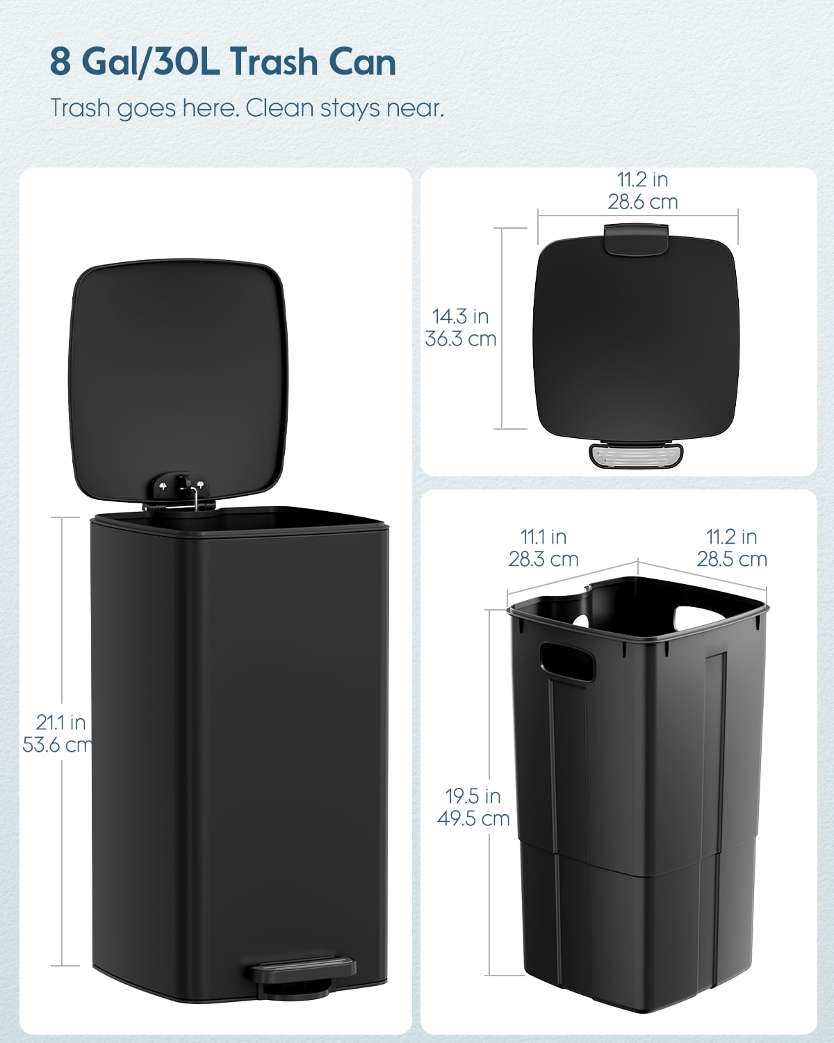 TLSUNNY 8 Gal Slim Square Trash Can, Stainless Steel Step Garbage Bin, Soft-Close Lid & Removable Inner Bucket for Kitchen, Office, Home