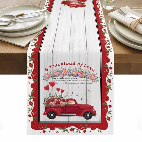 Valentine's Day Table Runner - 108 Inch Long, Kitchen Dining Table Runner Dresser Scarves, Vintage Red Truck Love Heart Roses Romantic Farmhouse Decor for Coffee Tables Wedding Party Banquet