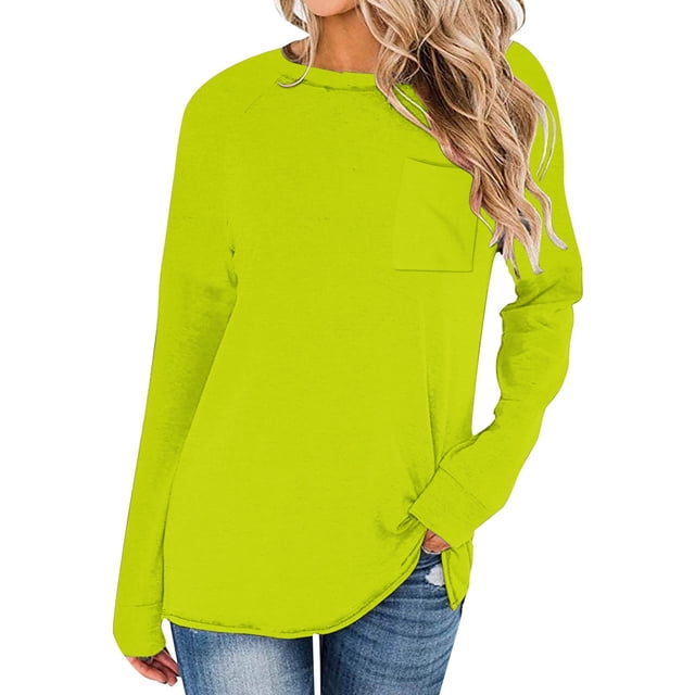 Vente Liquidation de Hauts pour Femmes! Hauts à Manches Longues pour Femmes 2025 Automne Mode Décontractée Chandail à Col Rond Chemise Ample Confortable Couleur Unie Hauts avec Poches Vert P