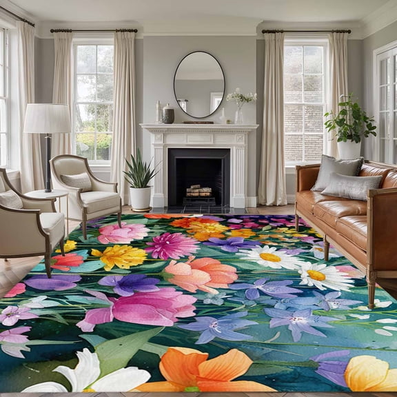 Rectangle Area Rugs 5 x 8 Ft, Watercolor Spring Floral Non-Slip Residential Carpet, Farmhouse Flowers Colorful Indoor Crawling Mats Runner Rugs for Living Room/Dining Room/Bedroom