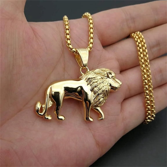 14K Yellow Gold Lion Necklace for Women/Men,Golden Color Lions Head Pendant Animal Jewelry,Africa Lion Ethiopian Best Gift D134
