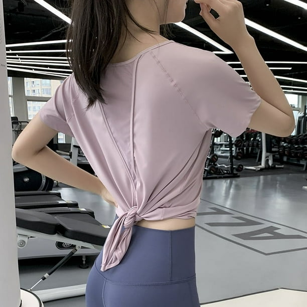 Camiseta de yoga para mujer, holgada, deportiva, de manga corta, de secado rápido, con tirantes de malla para correr, camiseta de fitness