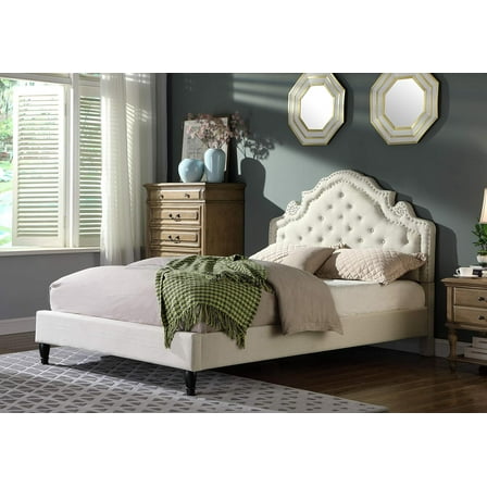 Beige Fabric Eastern King Bed Frame, Tufted Headboard with Nailhead Accent, Bedroom Furniture Bed Frame