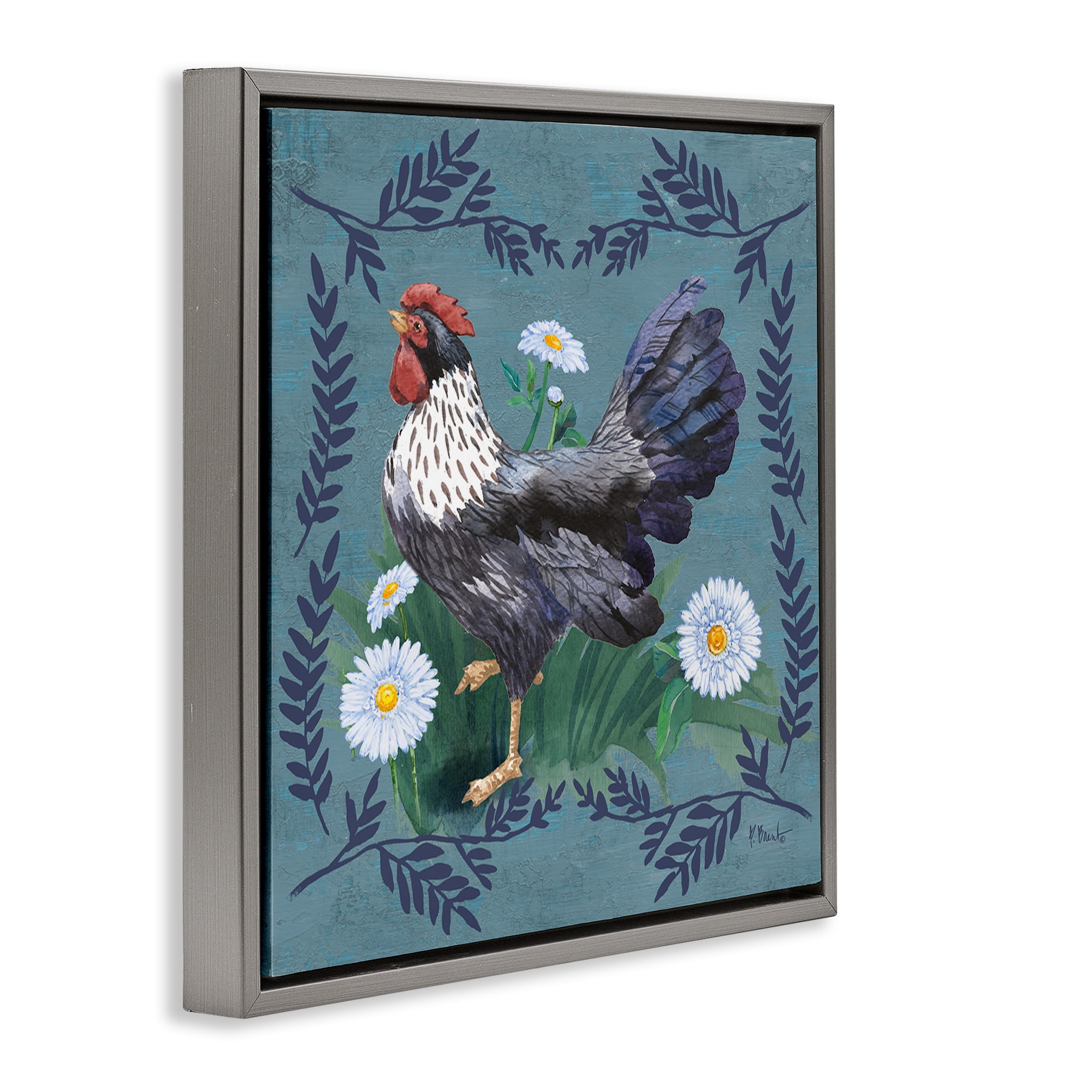 Stupell Industries Country Hen & Ferns Animals & Insects Painting Gray Floater Framed Canvas Art Print Wall Art, 25 x 25