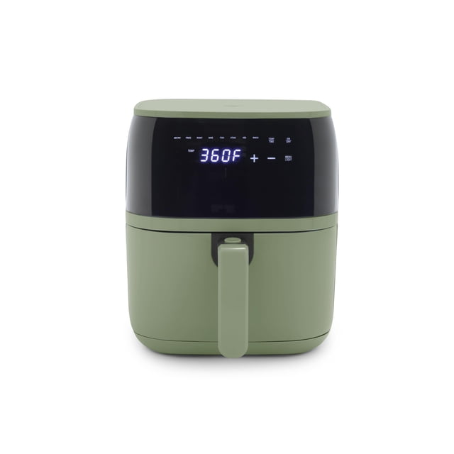 freidora de aire gl freidora de aire digital 5.3QT en verde oliva, vista frontal centrada con pantalla digital iluminada que muestra temperatura, cajón de 5.3 cuartos con manija frontal y ventana negra brillante, acabado mate y superficie lisa, 8 ajustes preestablecidos y revestimiento interior antiadherente sin PFAS; también se usa a menudo para recalentar porciones y preparar snacks para llevar.