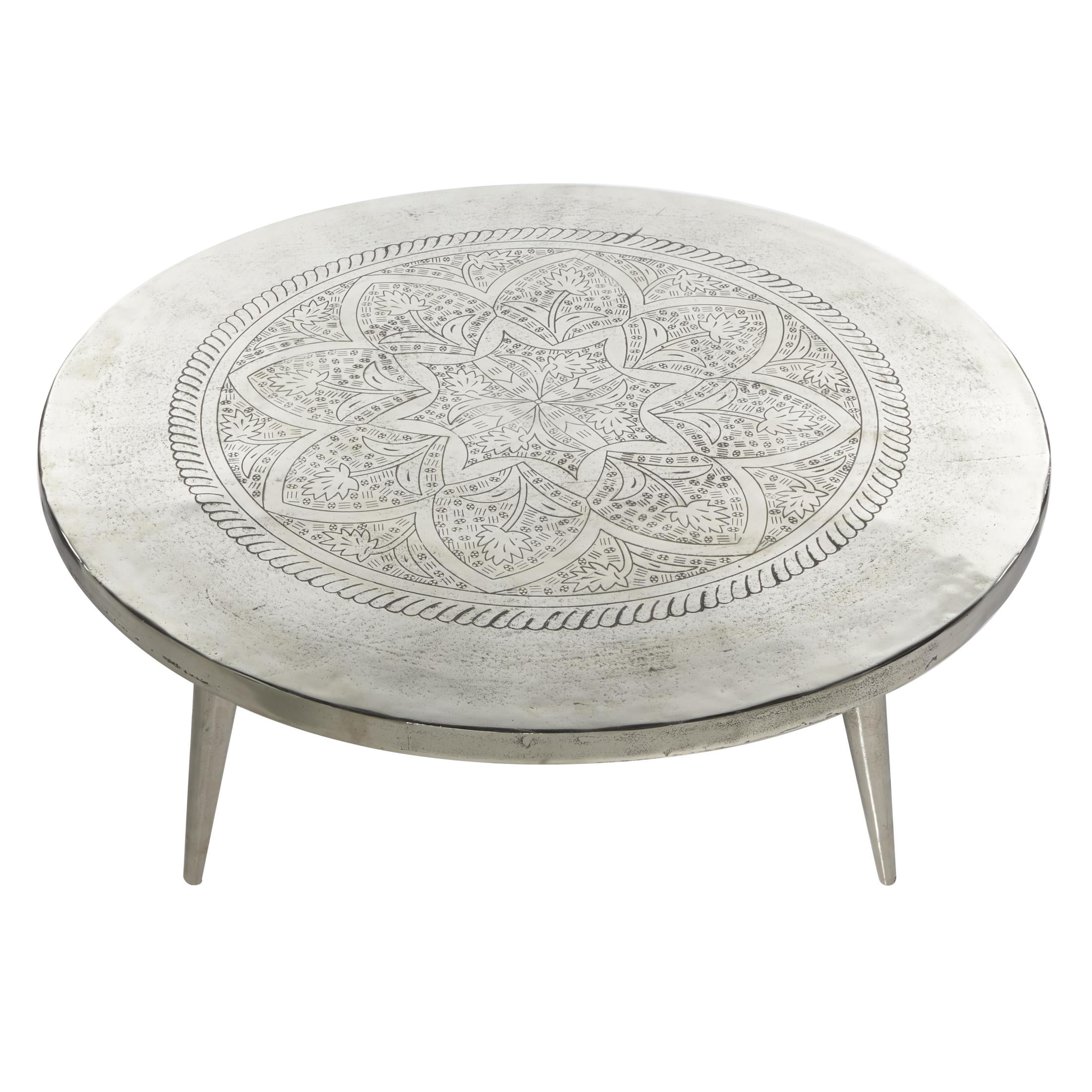 DecMode Traditional Aluminum Round Coffee Table with Etched Lotus Embled Design and Polished Silver Finish, 35"W x 16"H