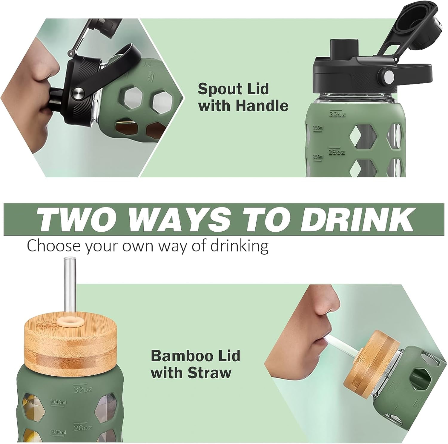 MUKOKO 32oz Glass Water Bottle, Glass Reusable Bottle with Silicone Sleeve and Straw, 1 Cup 2 Lids, Olive