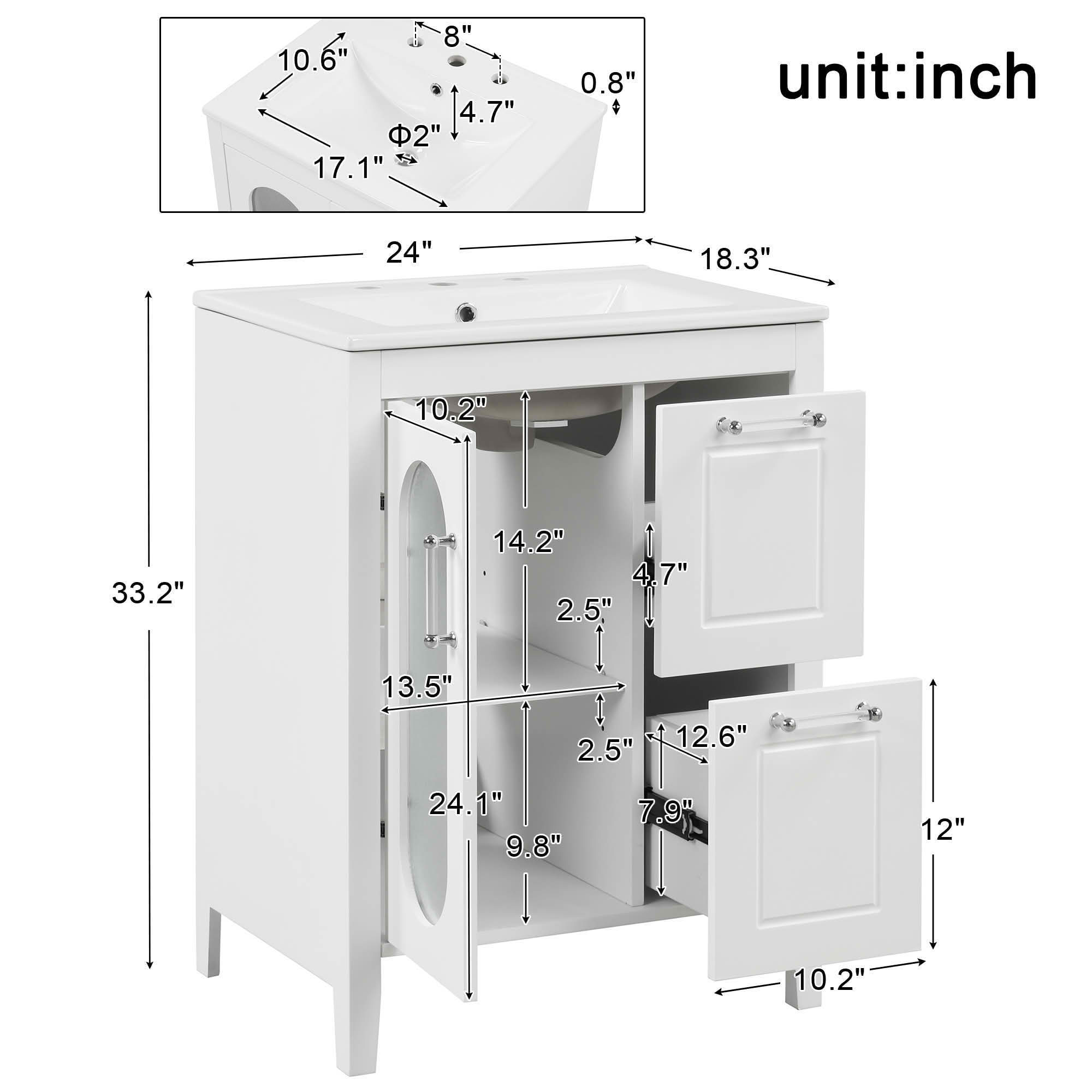 MAYEERTY 24" Bathroom Vanity with Sink 2 Drawers 1 Door Adjustable Shelf Solid Wood MDF White