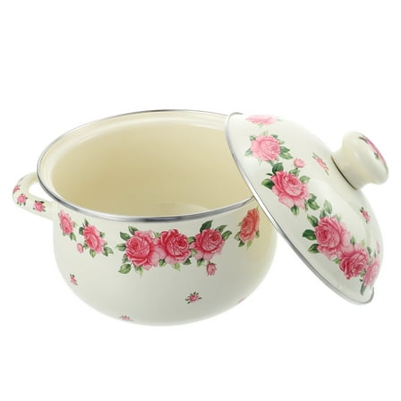 KONTONTY Retro Kitchen Pot with Lid Pink Enamel Stock Pot for Cooking 1Pcs