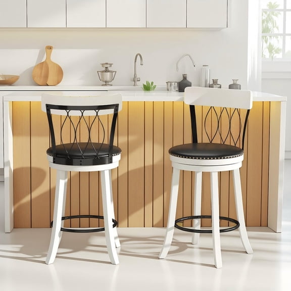 Barara King Swivel Bar Chairs Set of 2 with Footrest, Rubber Wood Frame, Tufted Rivets and 26 Inch Height for Kitchen Island, Pub, Counter Height Seating, Black