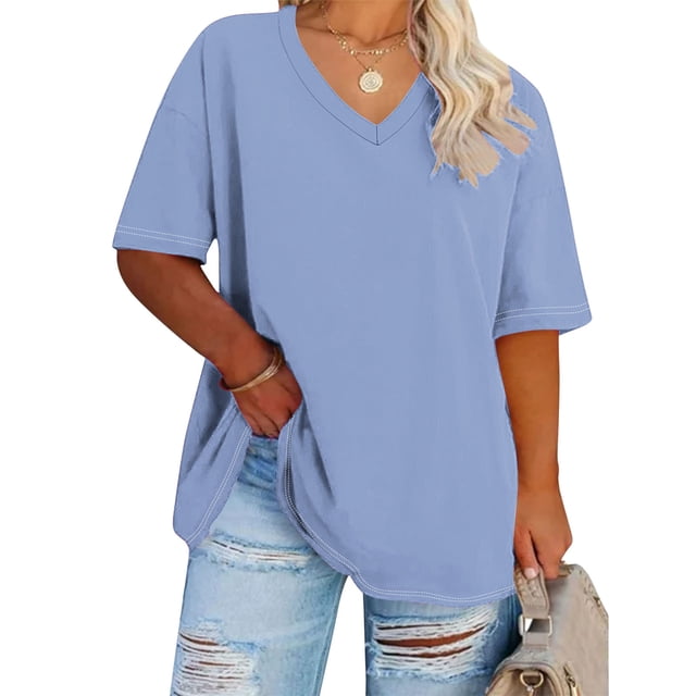 Jacenvly Hauts pour Femmes Liquidation T-shirt de Base d'Été Uni à Manches Courtes à Col Surdimensionné pour Femmes T-shirt de Sport Hauts pour Femmes Grande Taille