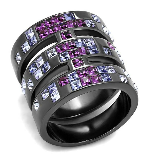 Women IP Light Black Stainless Steel Ring with Top Grade Crystal in Multi Color - Size 8