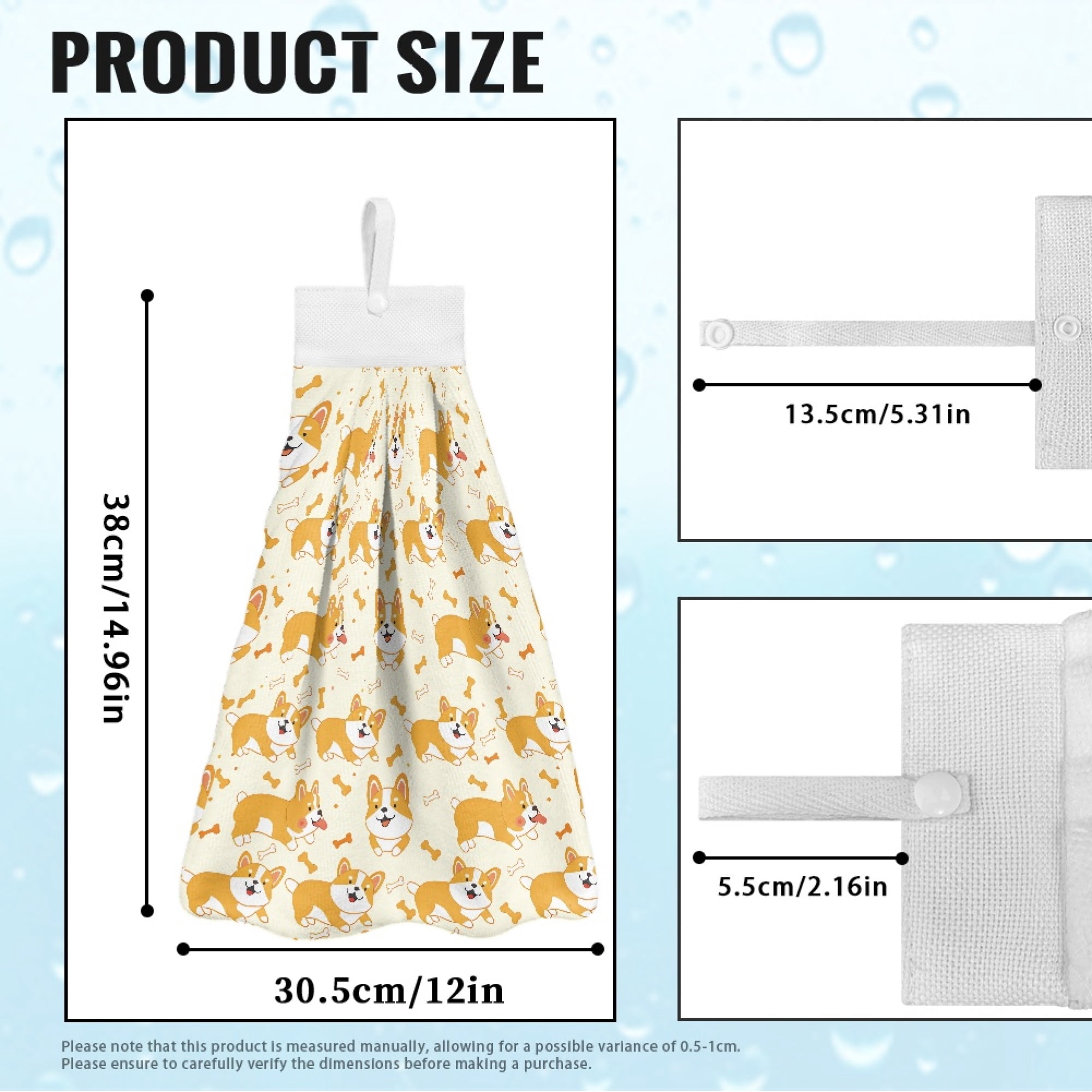 ZIATUBLE Corgi Kitchen Hanging Towels Absorbent Dish Towel Hand Towels with Snap Button Kitchen Towels Hand Towels for Bathroom 3 Piece Washable Hanging Hand Dry Towels Dish Cloths