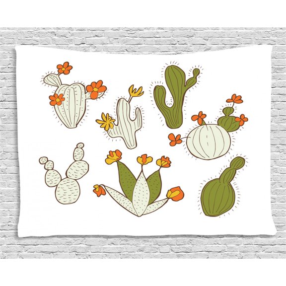 Cactus Tapestry, Cute Doodle Cacti with Flowers Exotic Western Nature Cartoon Style Succulent Growth, Wall Hanging for Bedroom Living Room Dorm Decor, 80W X 60L Inches, Multicolor, by Ambesonne