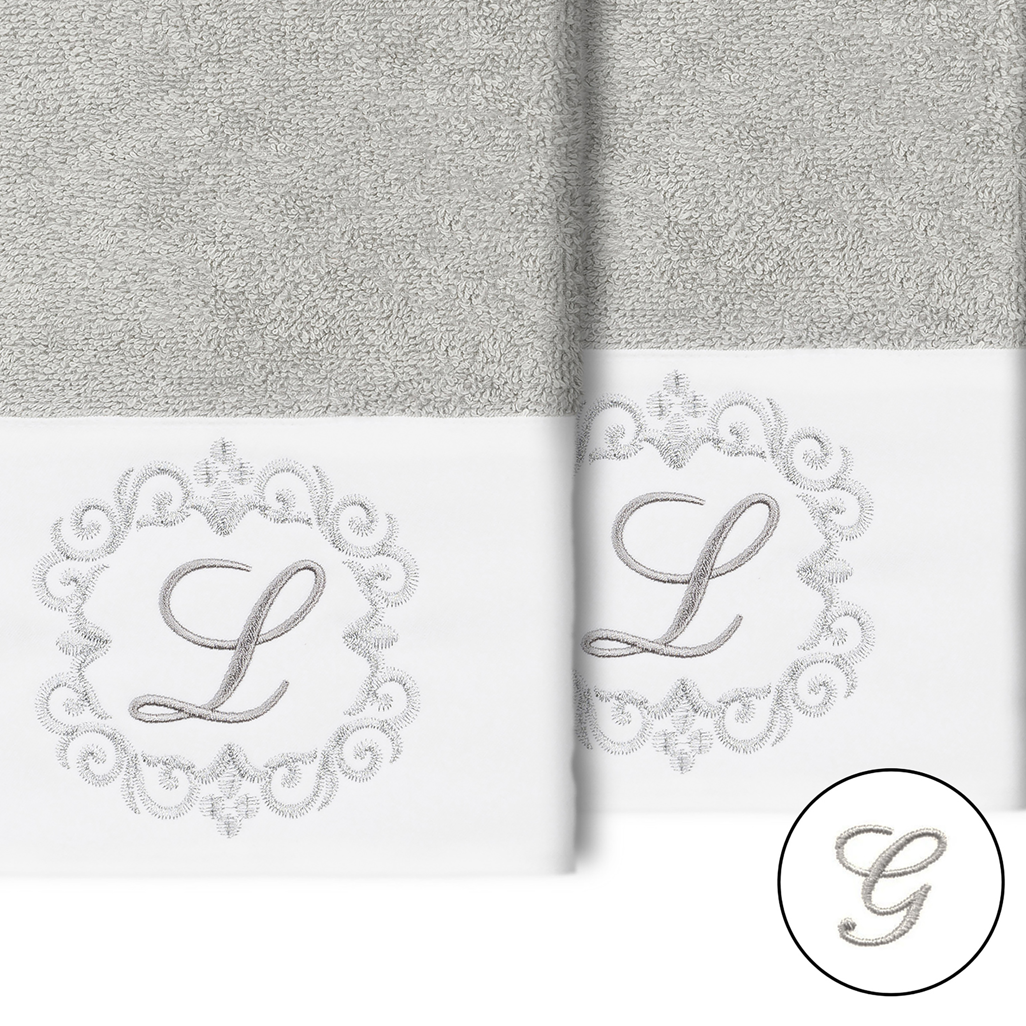 Linum Home Textiles Monica 2-Pieces Texture/Embroidery Turkish Cotton Embellished Hand Towel Set, 16" x 30", Light Gray - image 2 of 3