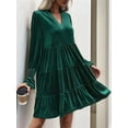 thumbnail image 2 of Women'S Elegant Velvet Long Sleeve Dress Casual Fall V Neck A Line Babydoll Flowy Formal Wedding Party Mini Dress Dark Green L, 2 of 8