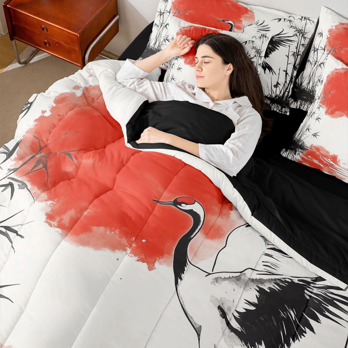 Manfei Ink Red Sun Crane Bedding Comforter Set for Teens, Reed Pond Queen Bedding Sets, Black Red White, Black Reversible 7pcs