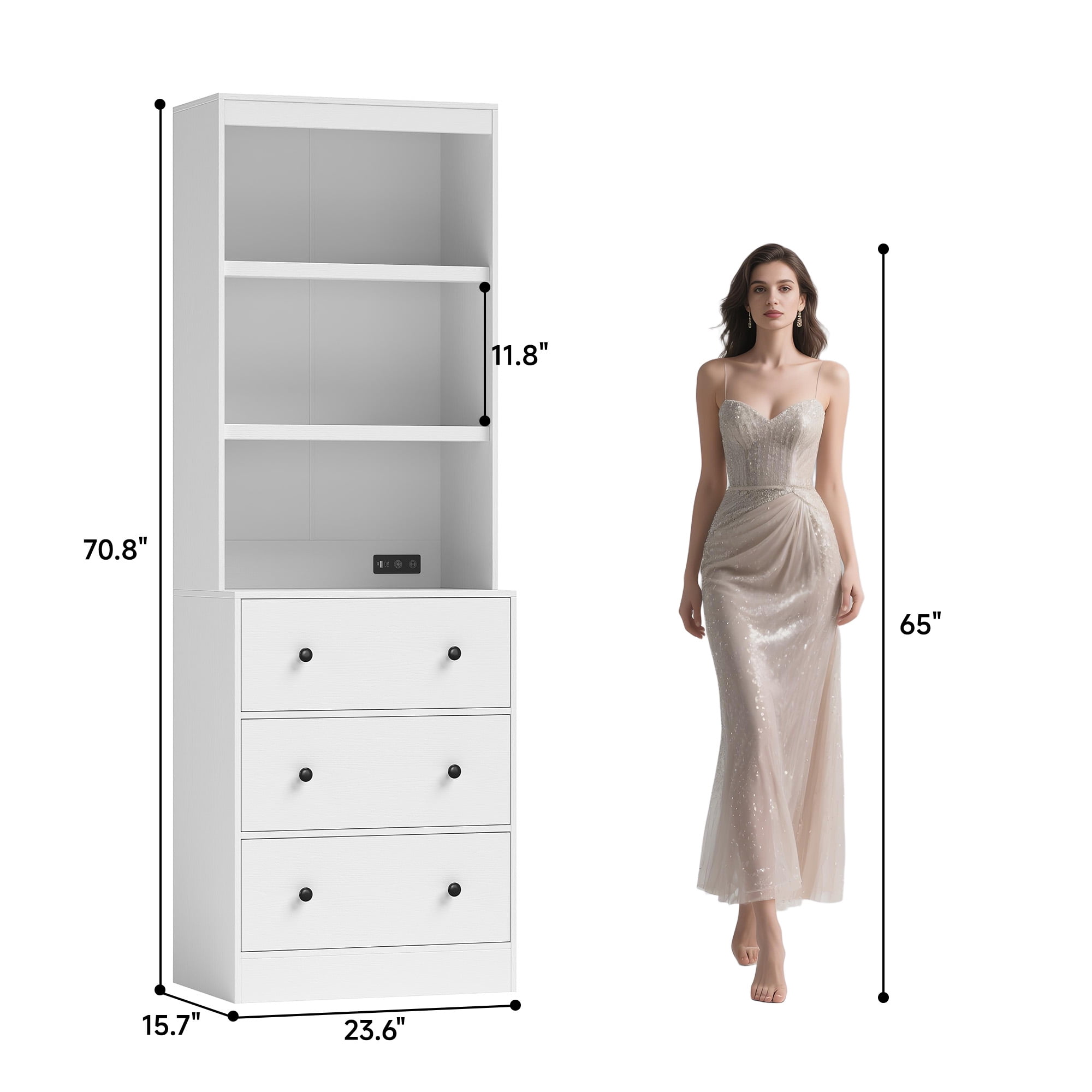 NEGYLIM 71" Bookcase with Drawers & Shelves, Wooden Bookshelf with Charging Station & Adjustable LED Lights, Anti-tipping Design for Living Room Home Office, White