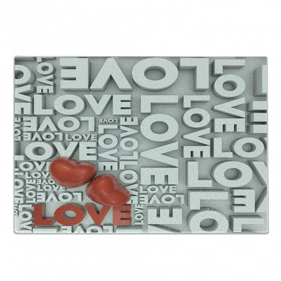 Love Cutting Board, Macro Big Texts Lettering Setting Passionate Emotions Feelings Sweetheart Design, Decorative Tempered Glass Cutting and Serving Board, Small Size, Grey Red White, by Ambesonne