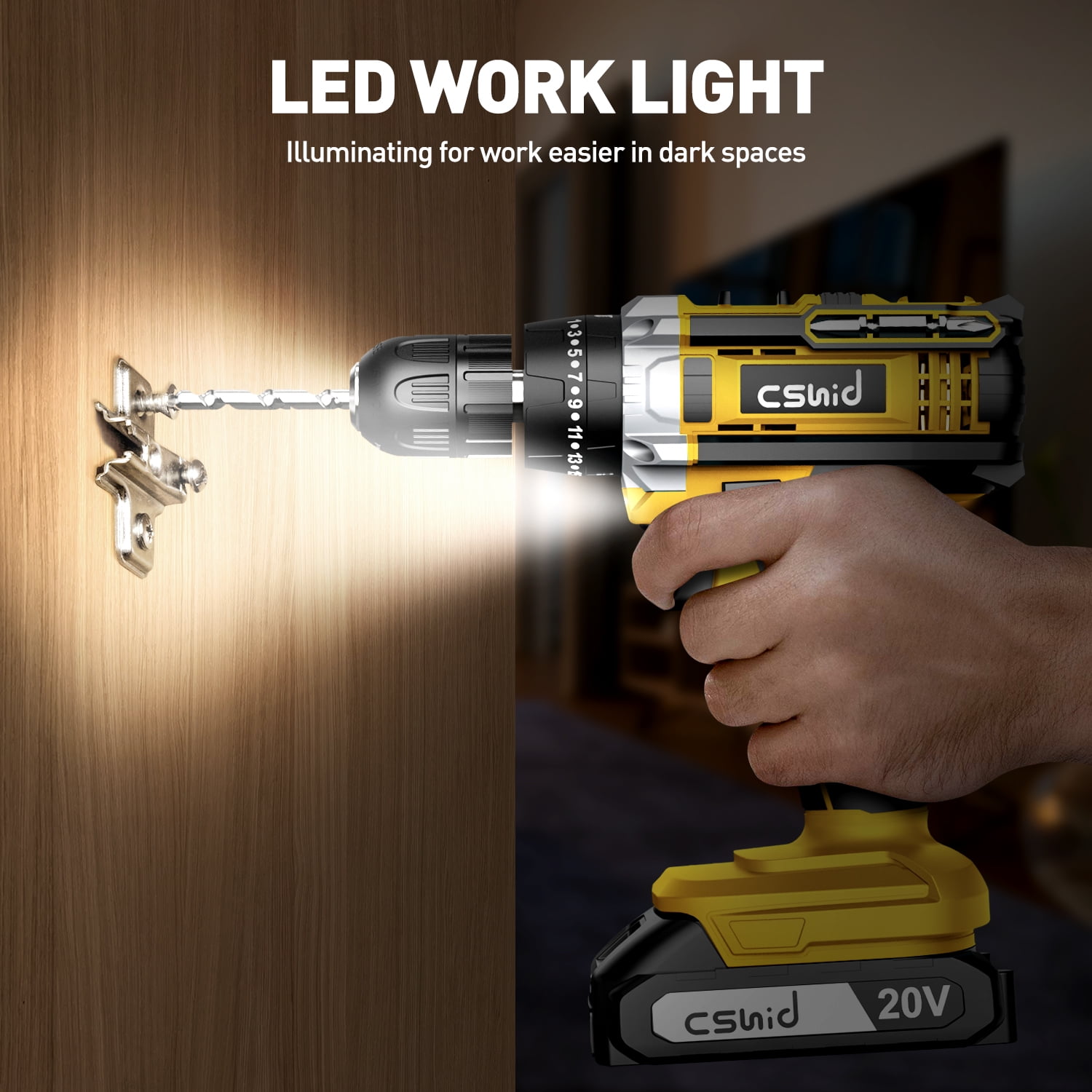 Cshidworld 20V Cordless Power Drill Set, Drill Kit with 1 Lithium-Ion & Charger, 3/8" Keyless Chuck, Electric Drill W/ 2 Variable Speed & LED Light, 25+1 Position and 34pcs Drill/Driver Bits(Yellow)