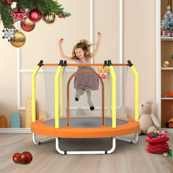 Mersco 55inch Kids Trampoline for Toddlers, Indoor & Outdor Trampoline with Safety Net, Small Children Trampolines with Basketball and Hoop,Baby Toys Gifts for Boys Girls, Birthday, Orange