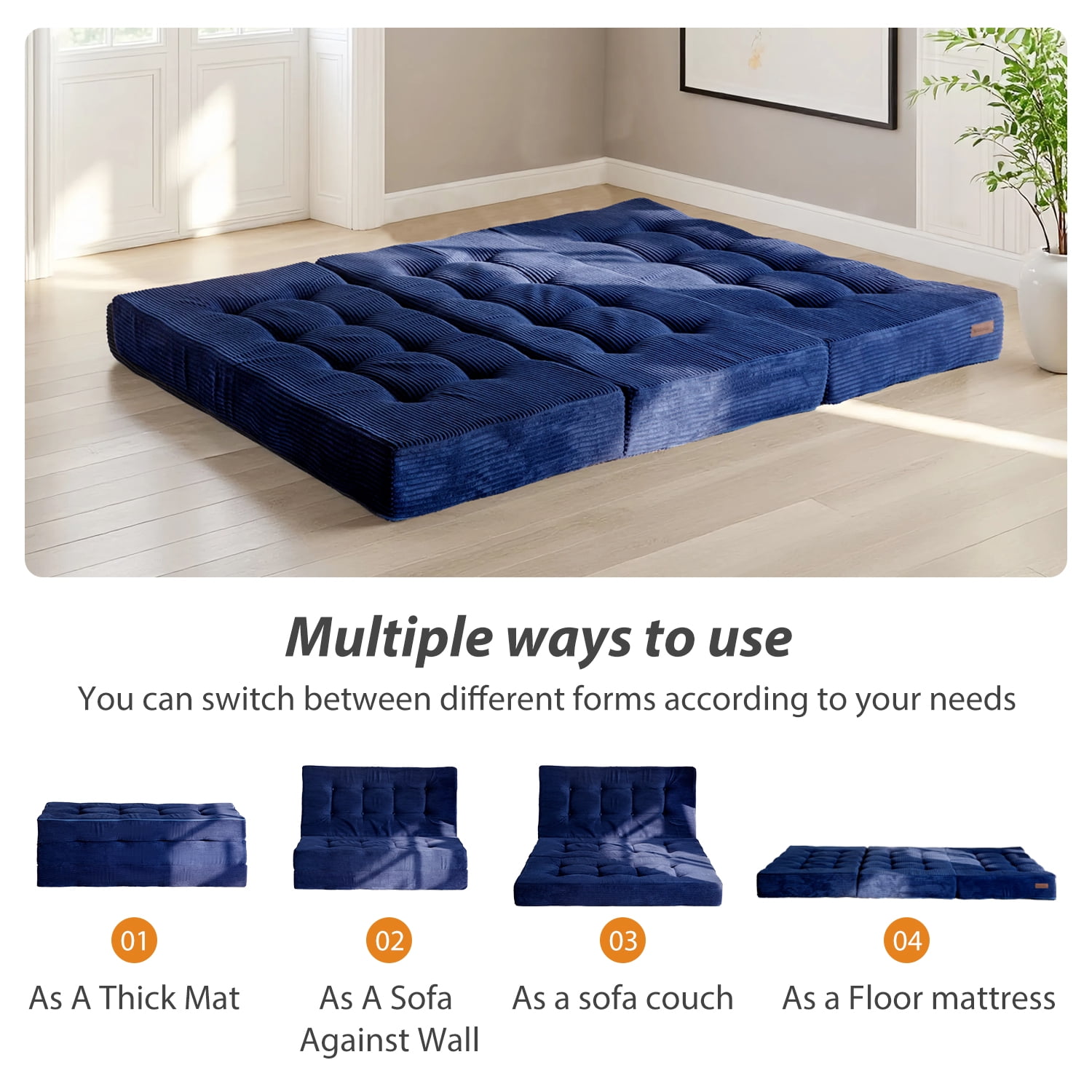 BYBYME 6 inch Tri-Fold Mattress,Corduroy Folding Mattress Made of a Whole Foam,Memory Foam Mattress Topper Perfect for Sleeping,Camping,Twin,Navy