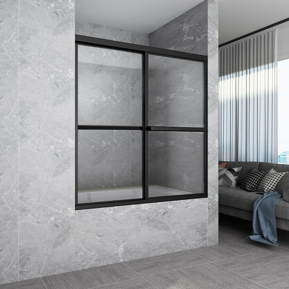 Two Framed Sliding Glass Shower Door FL8256C-59MB, Matte Black Frames & Handles, 4mm Thick clear glass