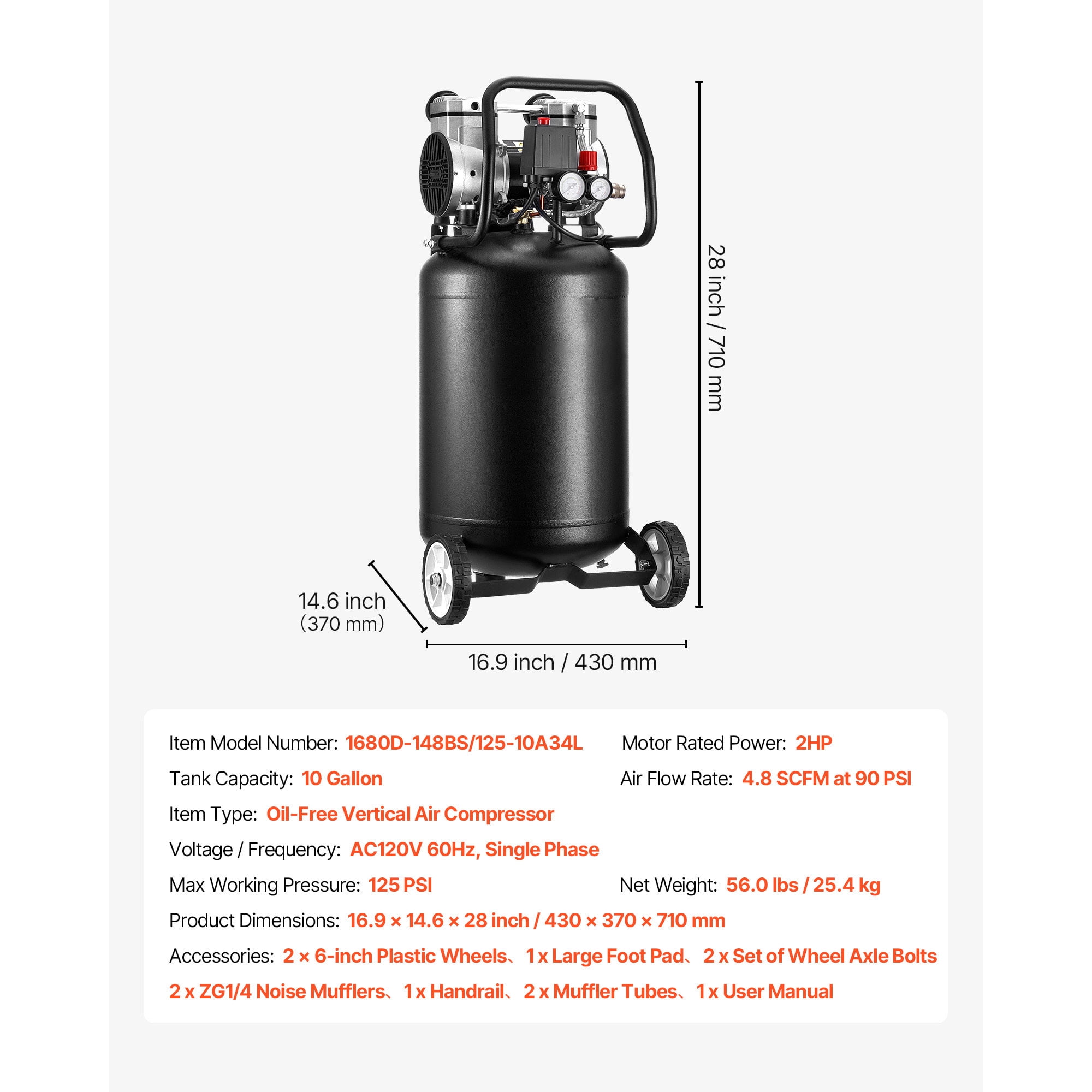 KFFKFF 10-Gallon Air Compressor, 2HP, 4.8 SCFM at 90 PSI, Max 125 PSI Oil-Free Tank, Portable Design with Wheels for Auto Repair, Tire Inflation, Painting, and Woodworking, 120V